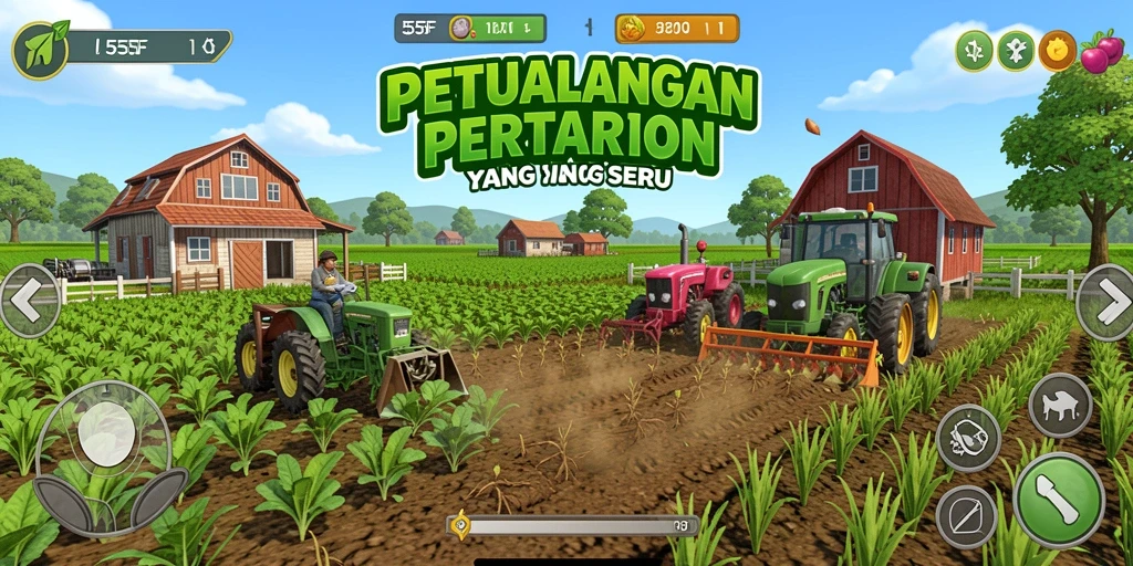 Tampilan gameplay menarik dari 555F dengan ladang yang subur.