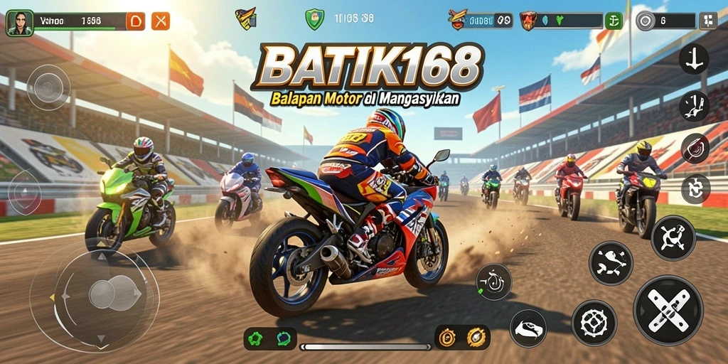 Screenshot gameplay dari BATIK168 menunjukkan aksi balapan motor yang mendebarkan.