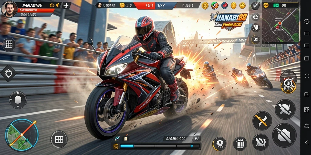 Tangkapan layar menunjukkan balapan motor yang mendebarkan di HANABI88.
